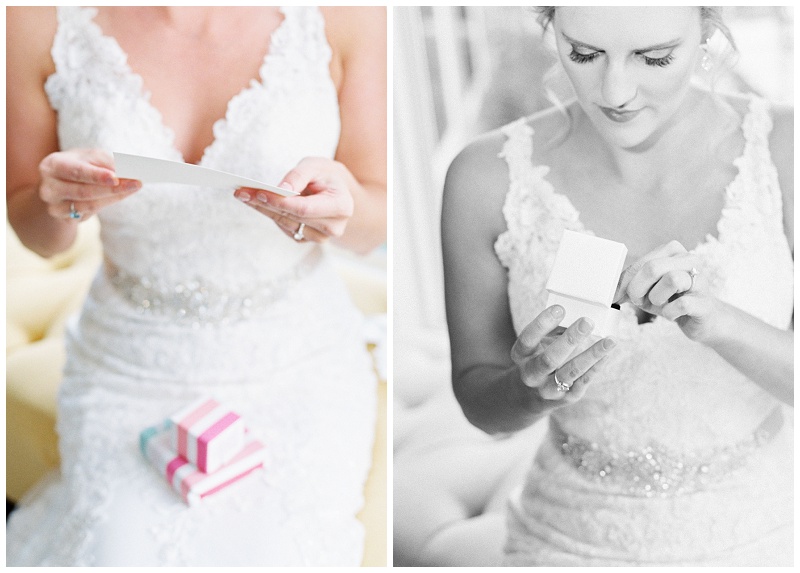 bride opening grooms gift at home wedding