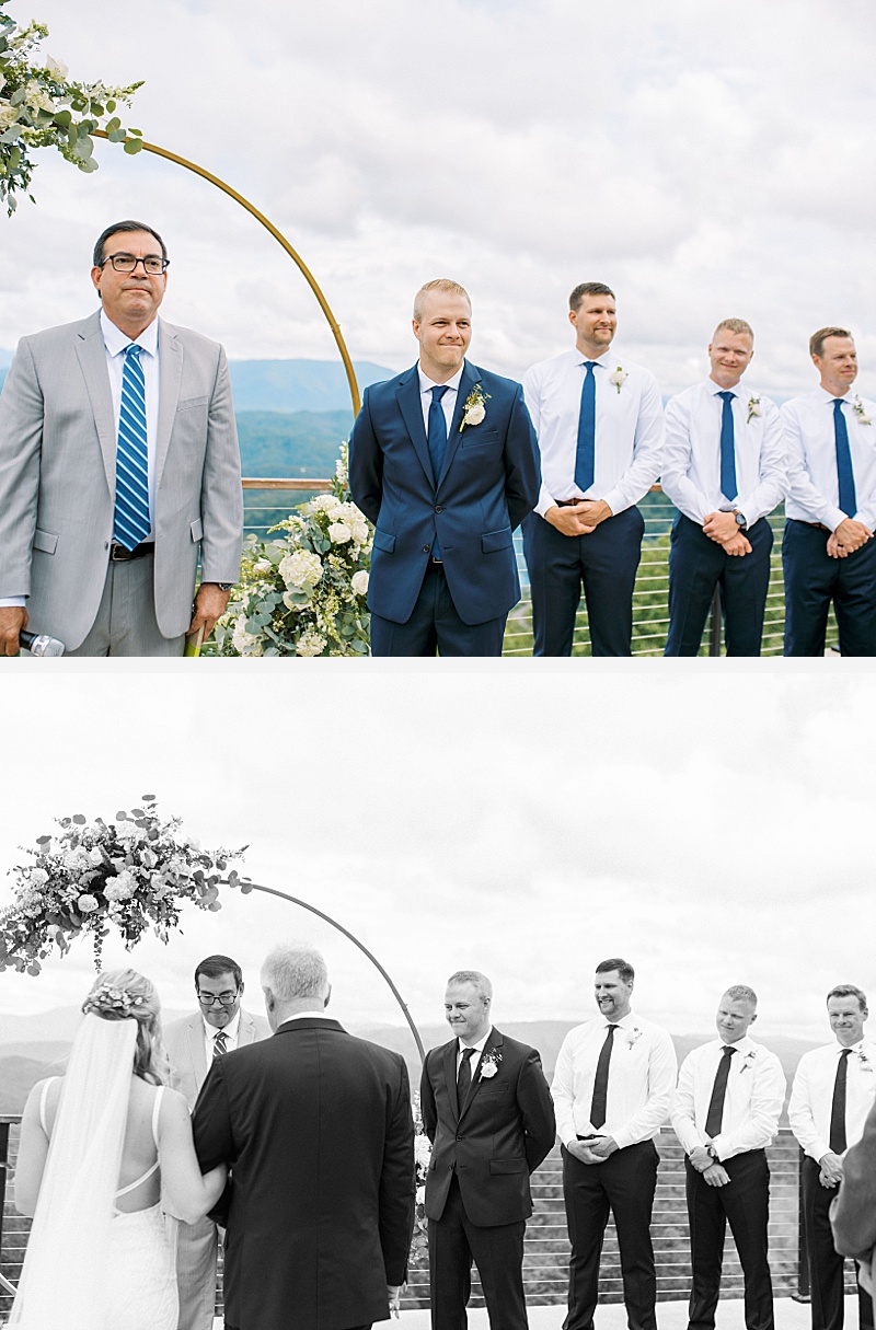 bride walking down aisle with grooms reaction at Smoky Mountains wedding bride walking down aisle with grooms reaction at Smoky Mountains wedding