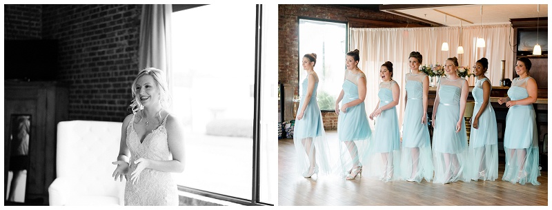 bridesmaids helping bride dress