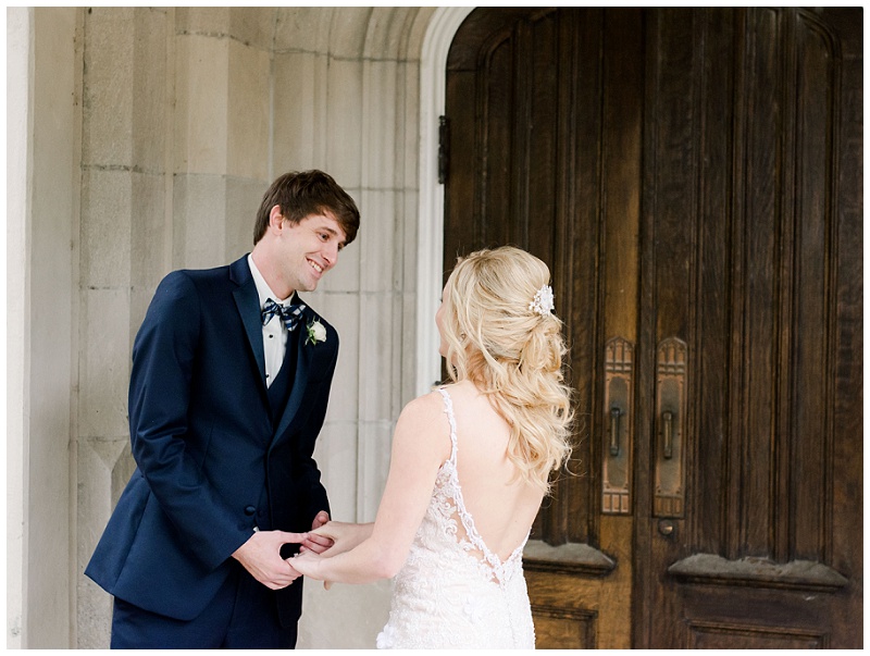 elegant wedding couple first look portraits