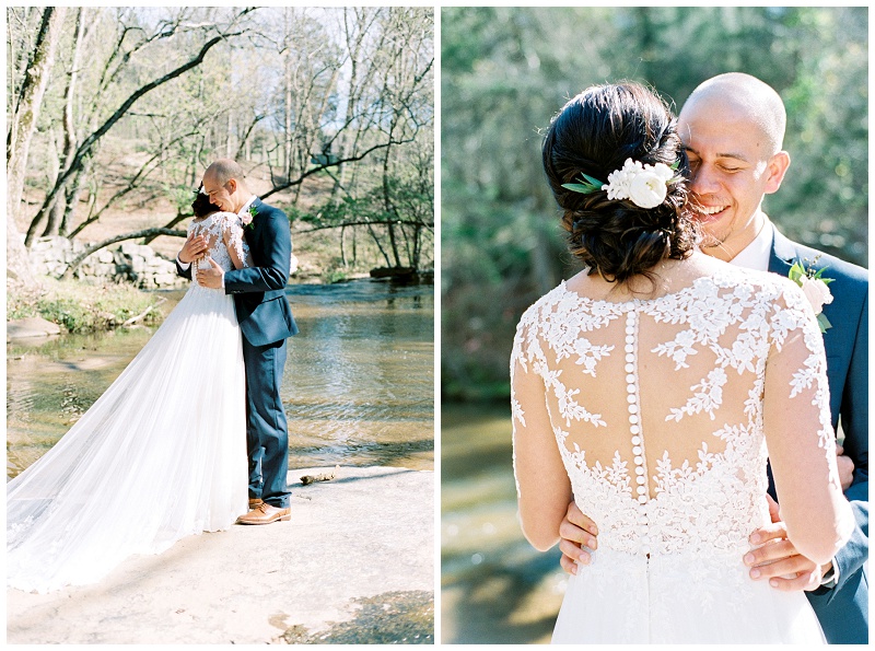 newlyweds first look portraits vineyard setting NC