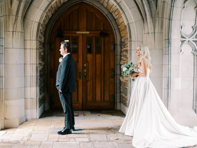 bride and groom portraits first look at Scarritt Bennett Center