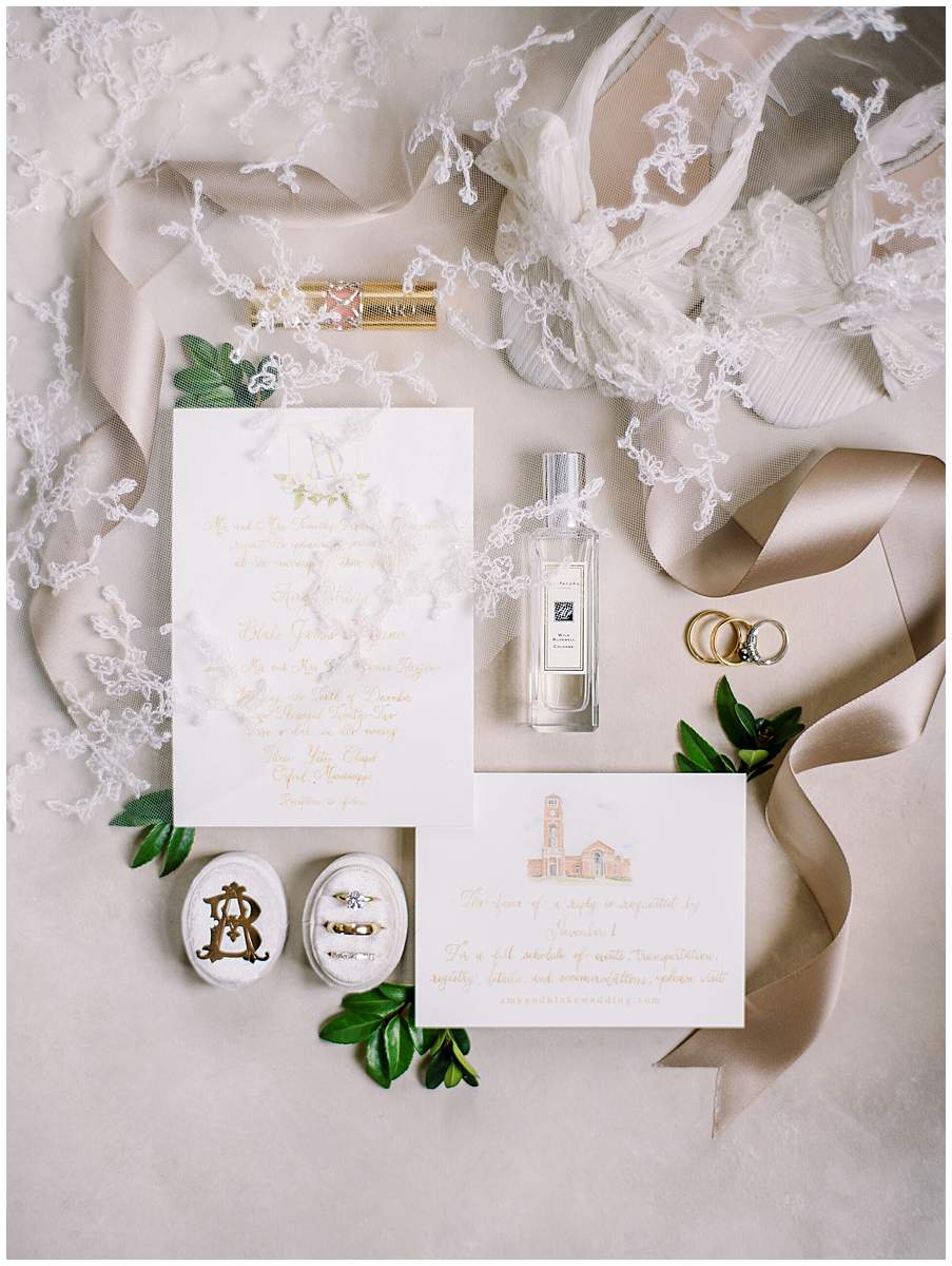 wedding details flat lay Paris Yates Chapel