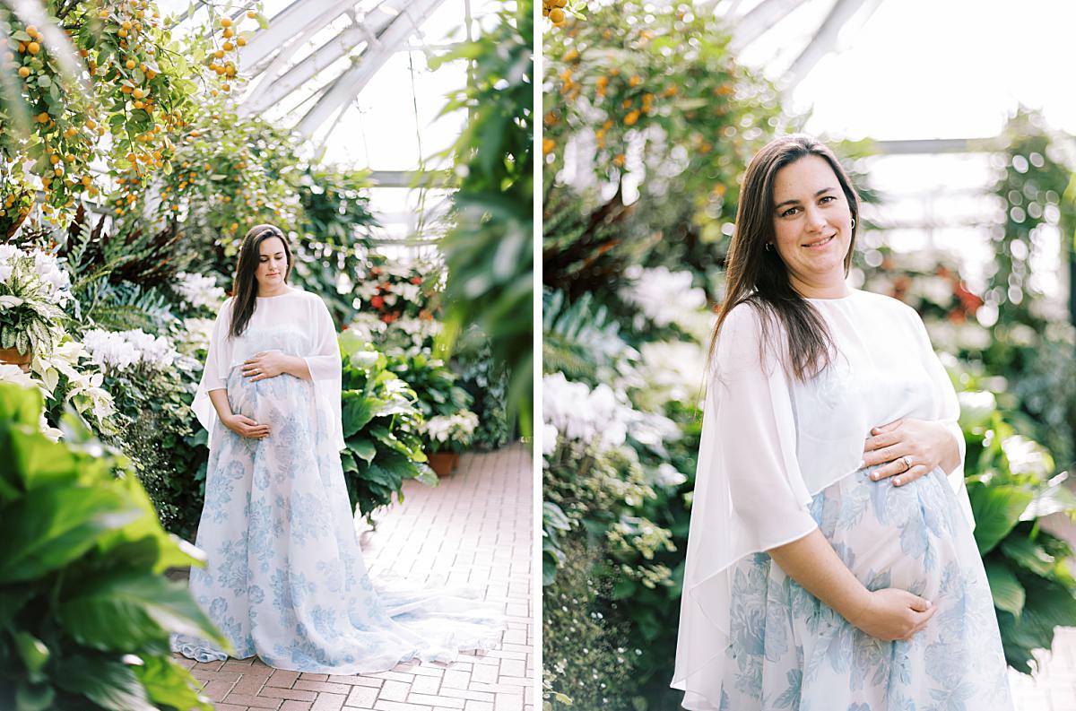 Pregnant mother walking through the Biltmore Estate gardens in Asheville.
