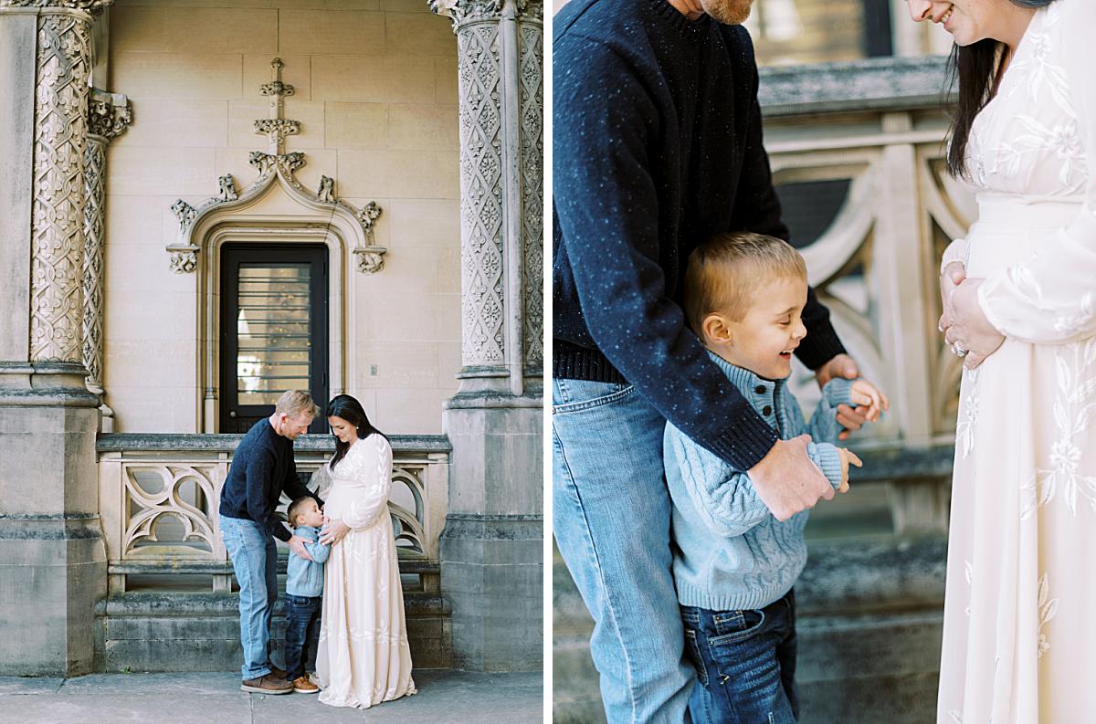 Candid moment of a family laughing during an Asheville maternity session.