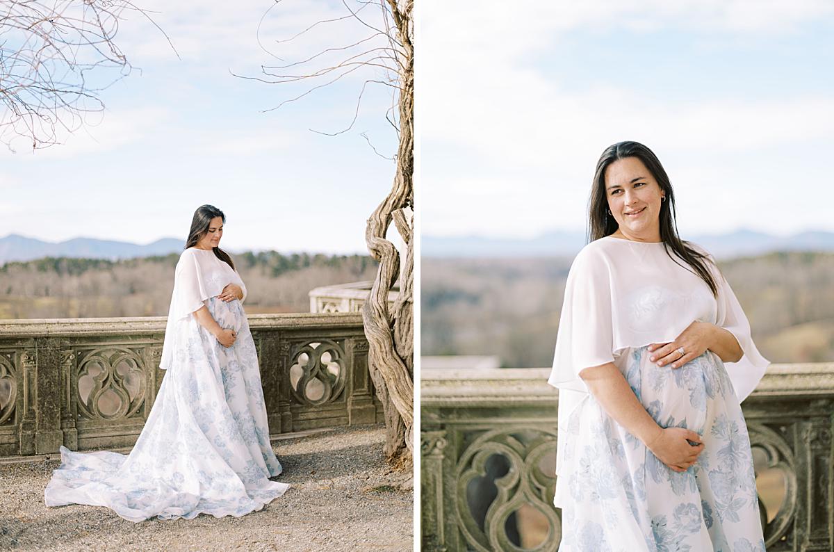 Detailed portrait of a pregnant mother in a gown from the photographer client closet.