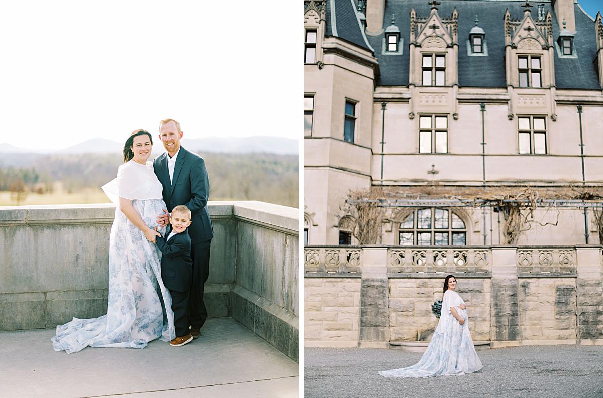 Elegant maternity portrait set against the backdrop of the Biltmore house.