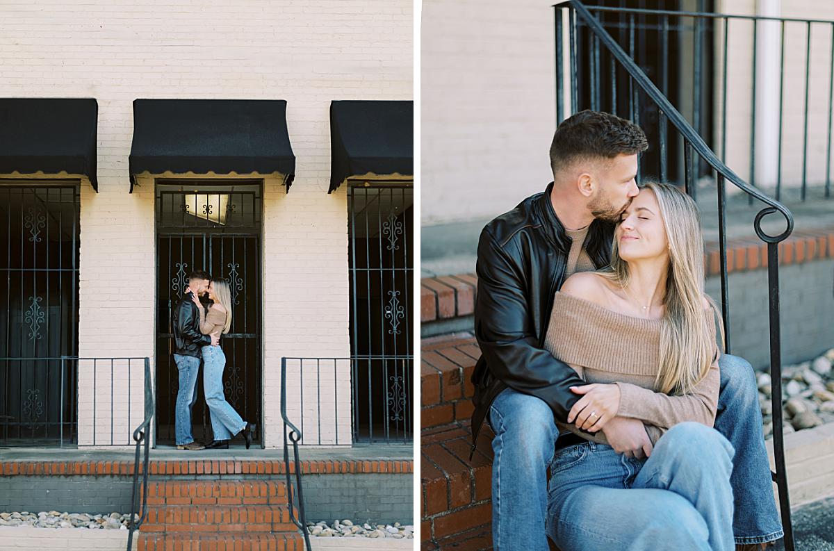 Couple sharing a romantic look while walking through the city center. Couple sharing a romantic look while walking through the city center.