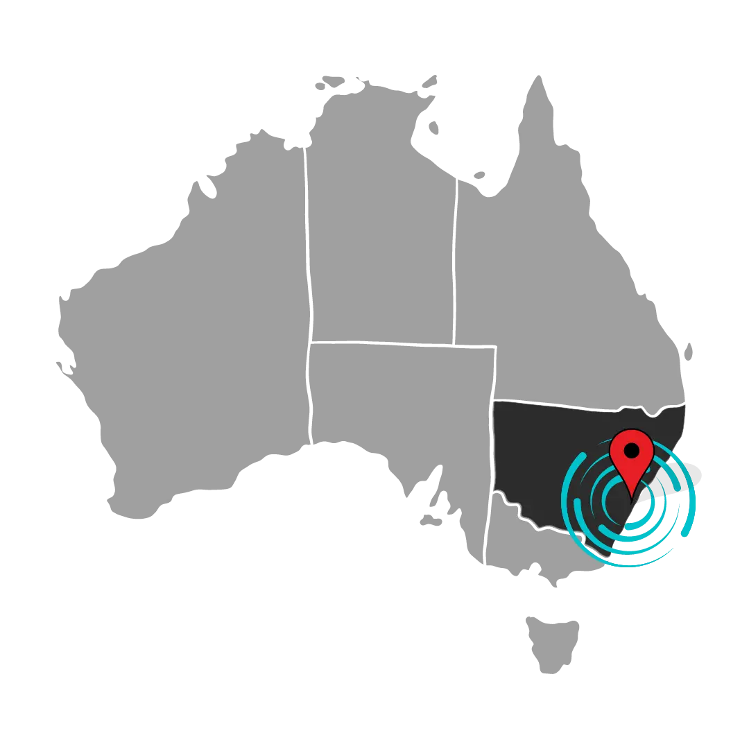 Map of Australia with a red pin and blue radius around Wollongong.