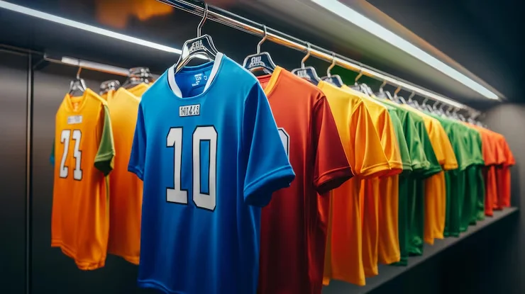 A brightly lit row of vibrant short-sleeved sports jerseys in blue, orange, yellow, and green hanging on a rack.