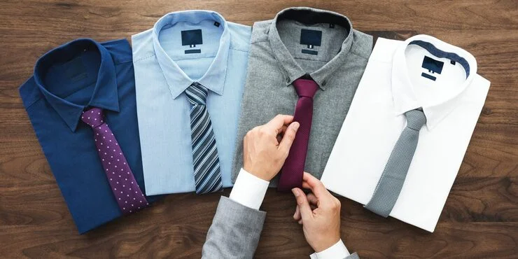 A man's hands arranging a burgundy tie on a gray dress shirt, alongside three other folded shirts with ties.