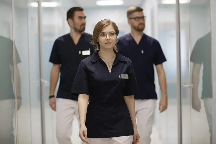 Three medical professionals, two men and one woman, in dark blue scrubs walk down a bright, modern hospital corridor.
