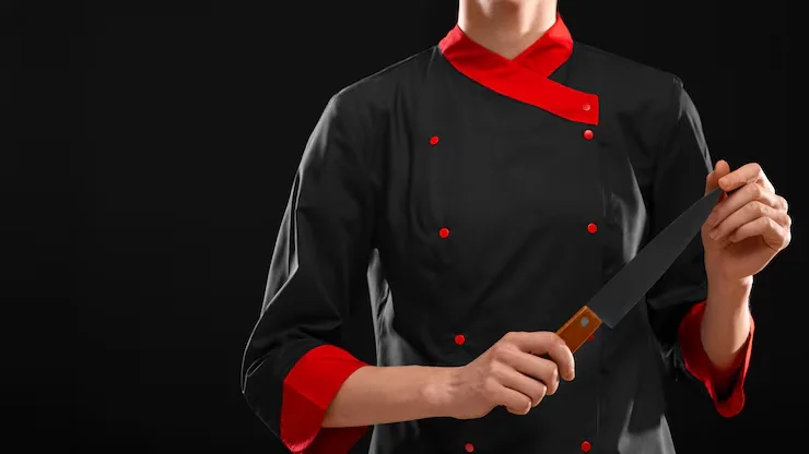 A chef in a black and red uniform meticulously inspecting the blade of a large kitchen knife.