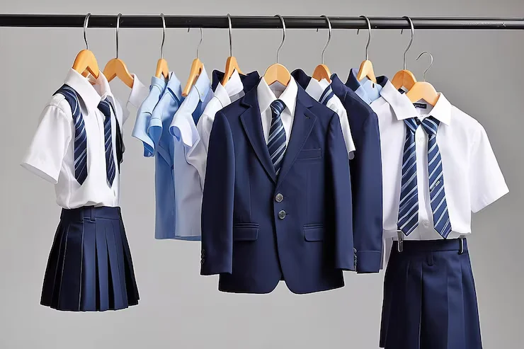 A rack of blue and white school uniforms with ties, shirts, blazers, and skirts on wooden hangers.