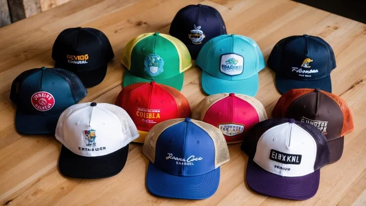 Custom embroidered and branded trucker hats displayed on a wooden table by Scotty Apparel, featuring custom logos for businesses, teams, and organizations.