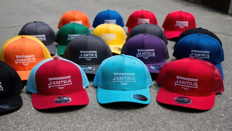 A vibrant assortment of colorful baseball caps, many with a mesh back, lined up on a gray surface.