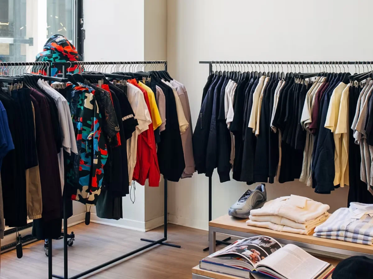 A modern clothing boutique with two racks of assorted apparel, folded clothes, open books, and a shoe on a display table.