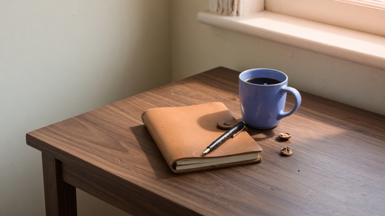 A notebook, a pen and a mug of coffee on a wooden table by a window