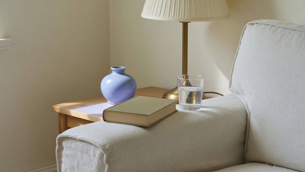 An armchair beside a lamp, with a book, a small vase and a glass of water on the side table