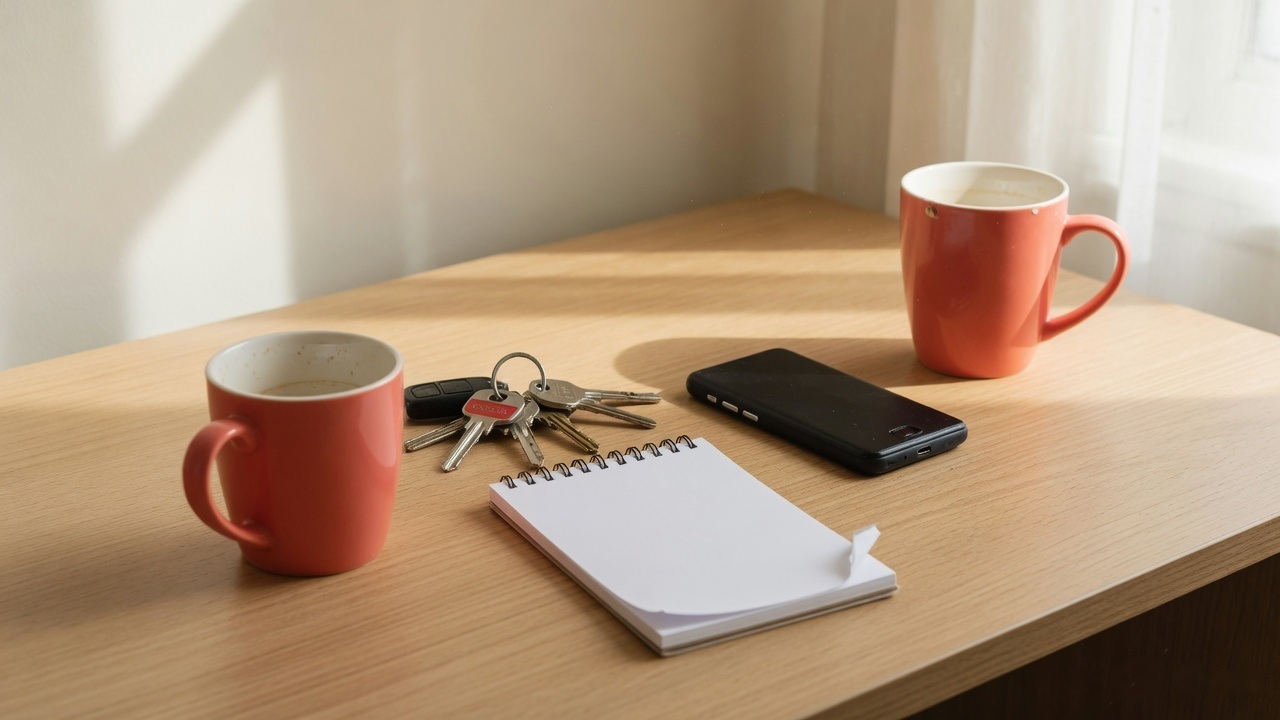 A mug, a set of keys, a phone and a notepad on a kitchen bench in morning light