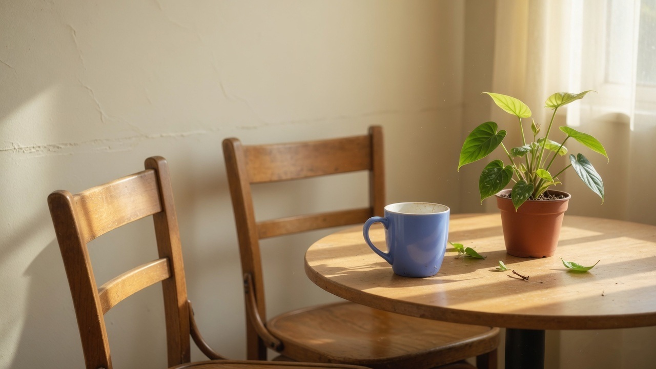 Two chairs at a small round table with a mug and a pot plant by a window