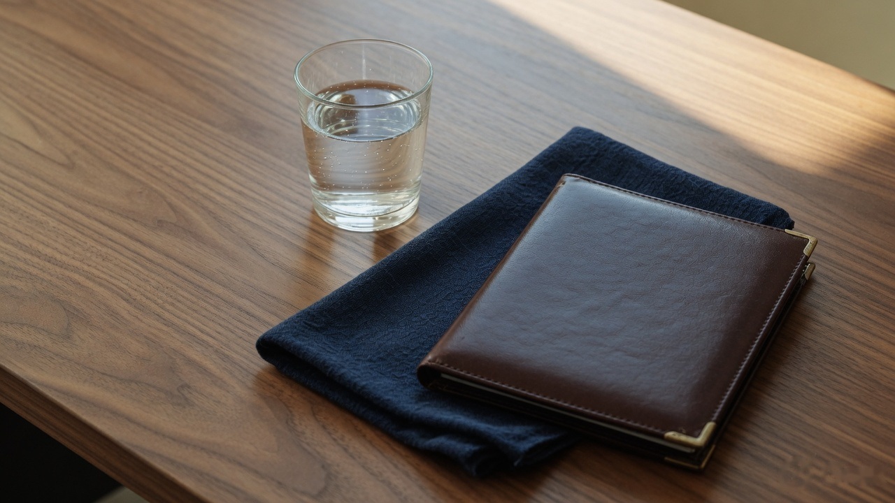 A notebook, a folded cloth and a glass of water on a wooden desk