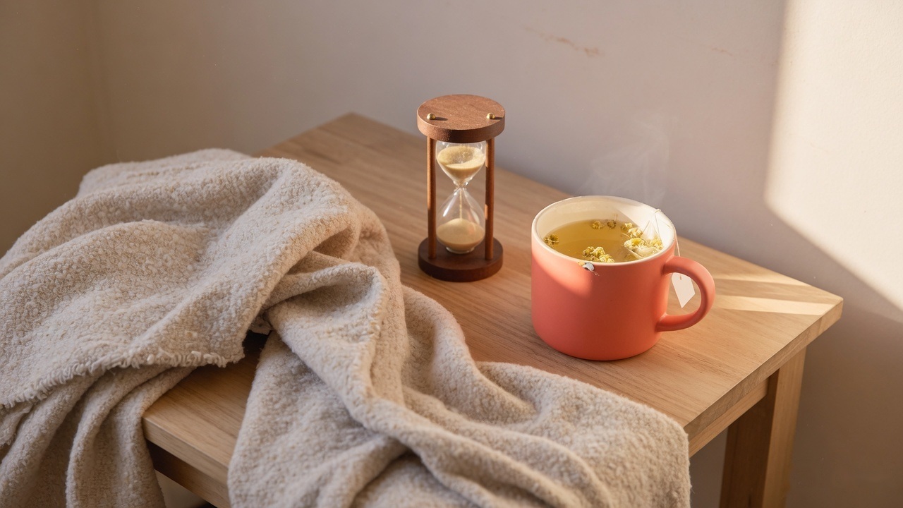 A folded blanket, an hourglass and a mug of tea on a wooden table in morning light