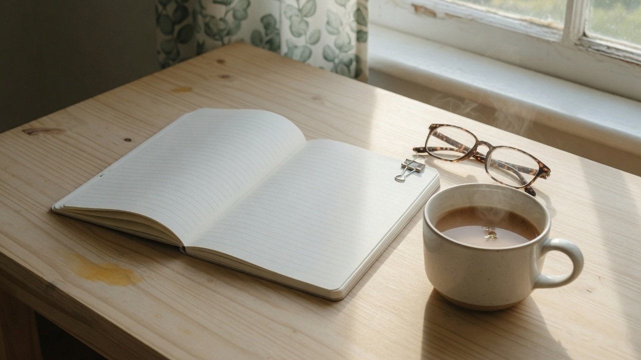 An open notebook, reading glasses and a cup of tea on a table by a window