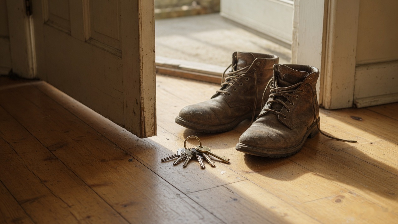 A pair of boots and a set of keys by an open door in morning light