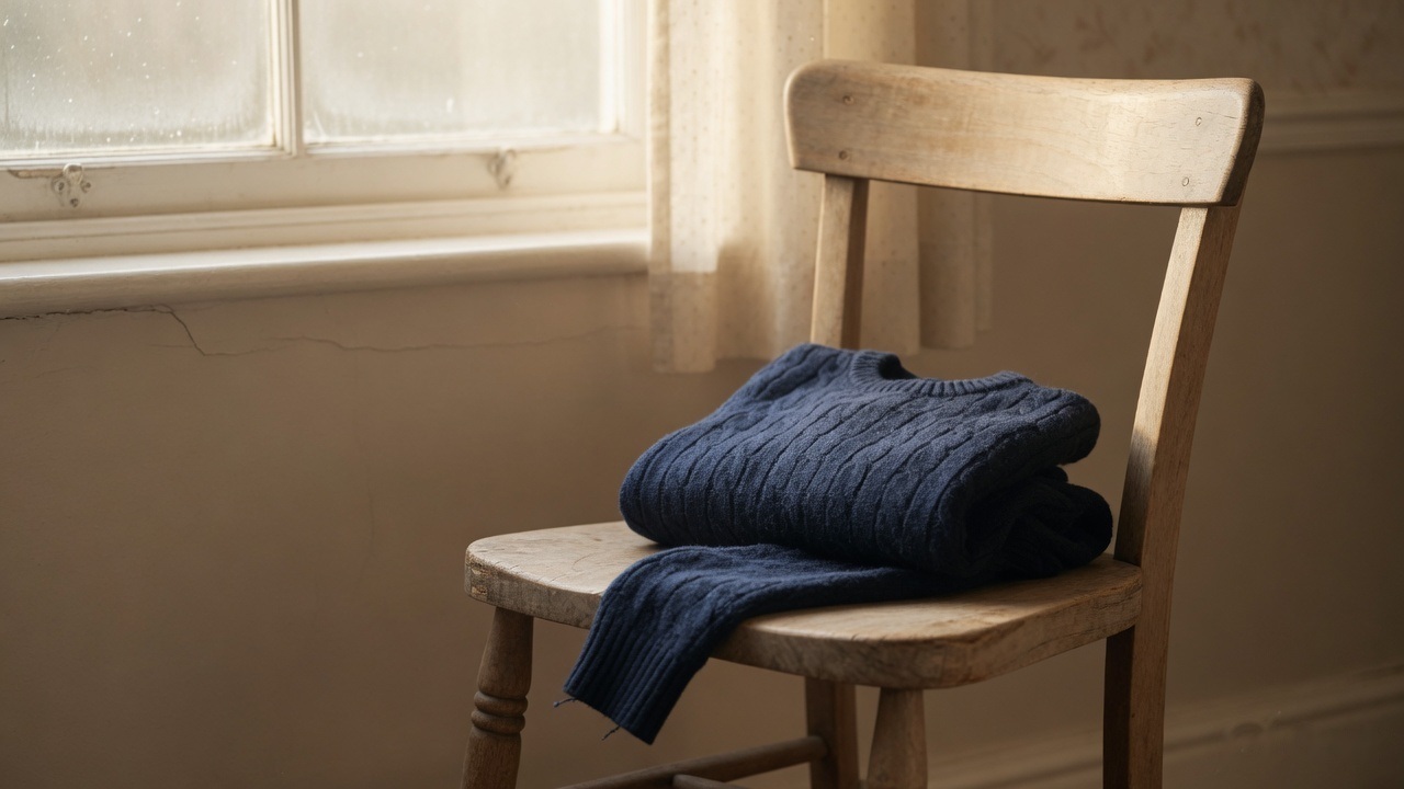 A folded jumper on a wooden chair beside a window