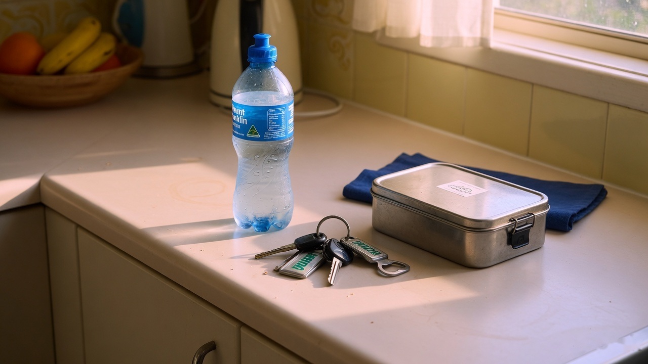 A water bottle, a lunch box and a set of keys on a kitchen bench