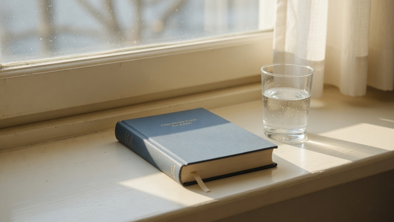A closed notebook and a glass of water on a windowsill in daylight