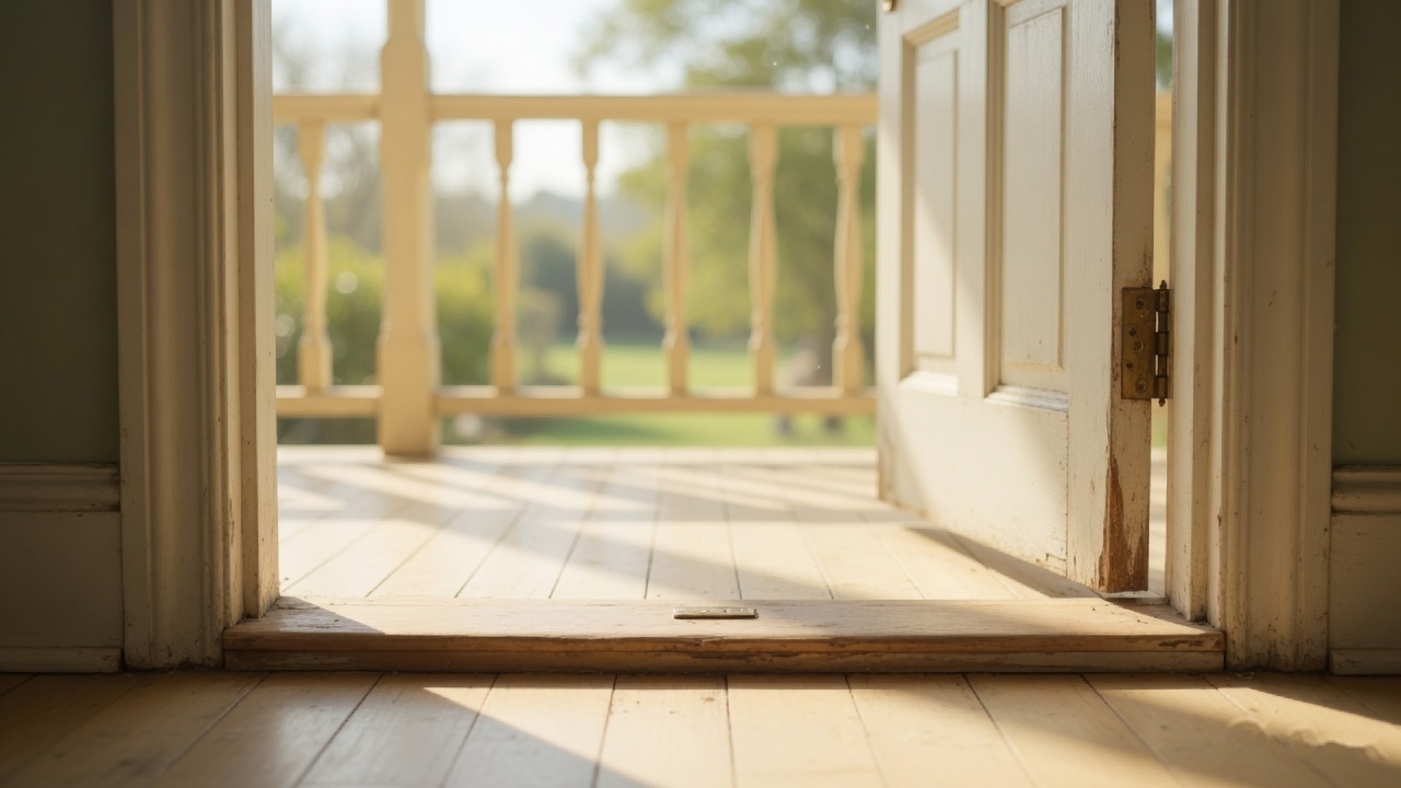 An open door onto a sunlit verandah, seen from inside a quiet room