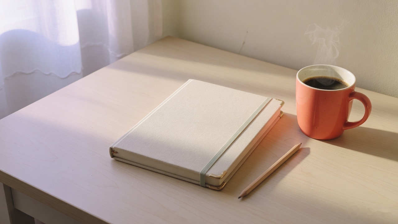 A closed notebook, a pencil and a cup of coffee on a desk in morning light