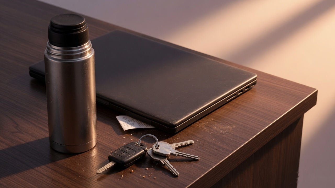 A thermos, a closed laptop and a set of keys on a wooden desk in late afternoon light