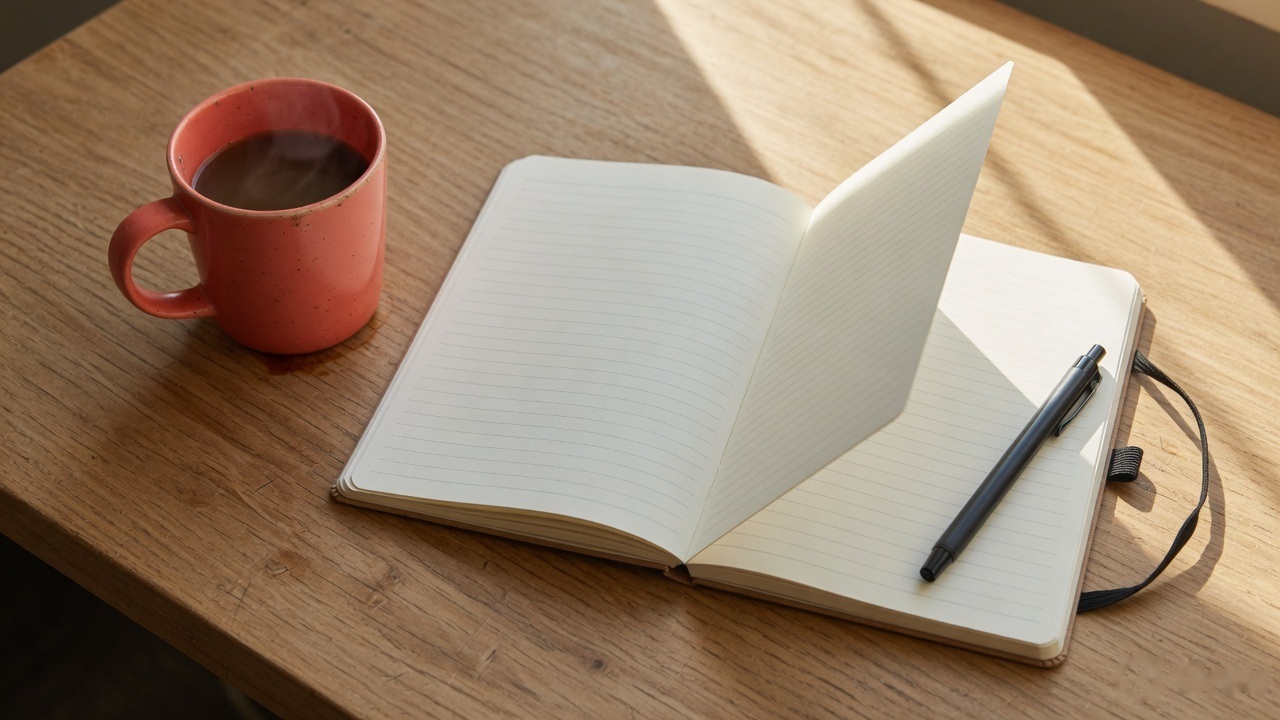 An open notebook and a pen beside a cup of coffee on a wooden table