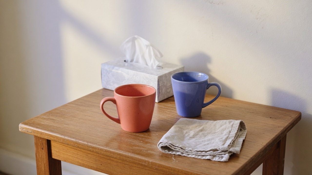 Two mugs, a box of tissues and a folded cloth on a small wooden table