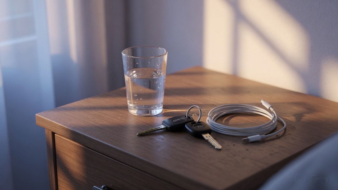 A bedside table at the end of the day, with a glass of water, keys and a charging cable