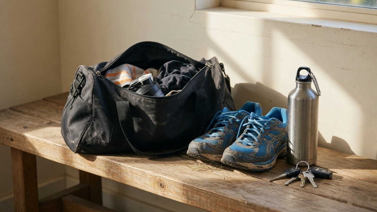 A sports bag, running shoes, a water bottle and keys on a wooden bench