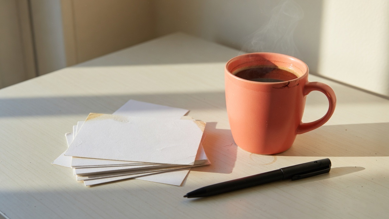 Index cards, a pen and a cup of coffee on a table in daylight