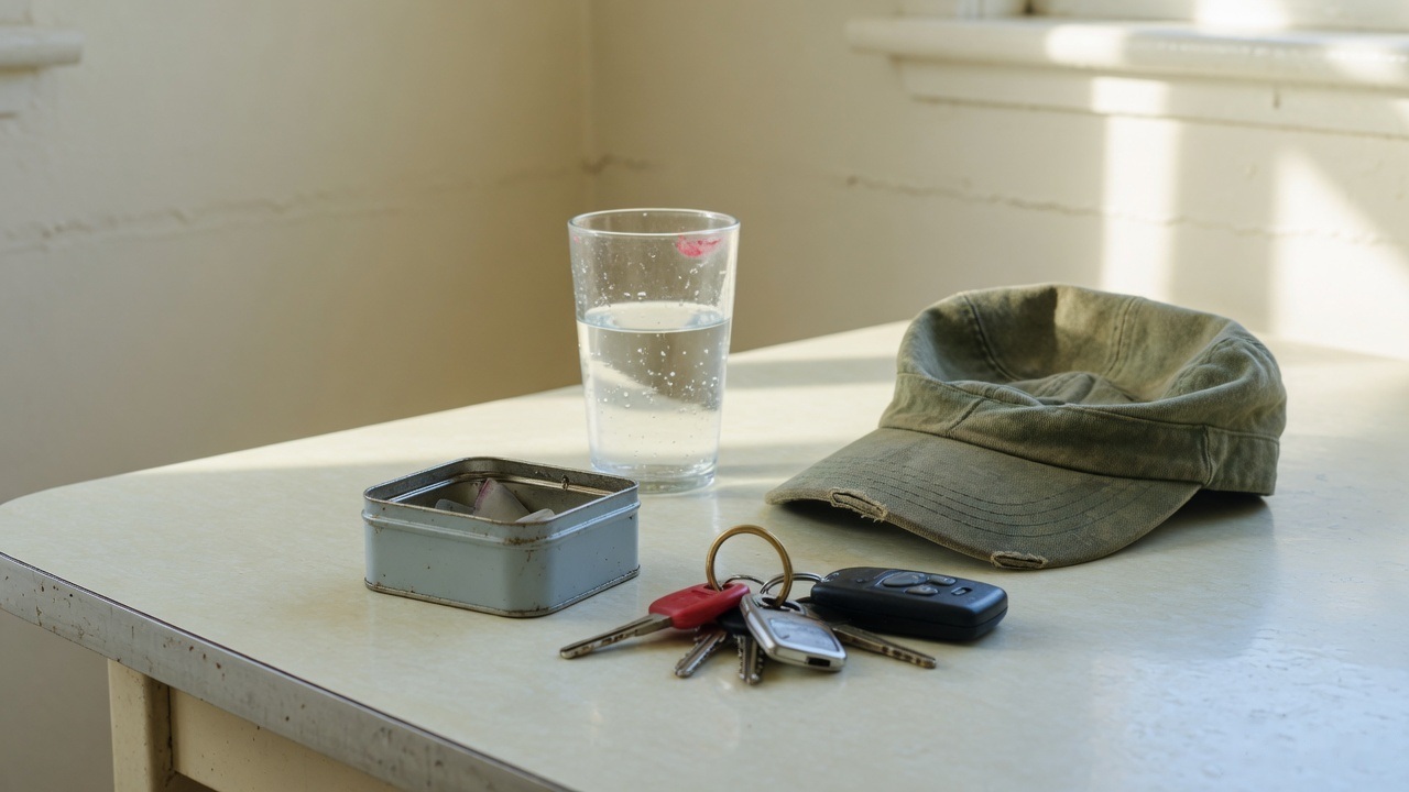 A tin, a set of keys, a cap and a glass of water on a kitchen bench in afternoon light