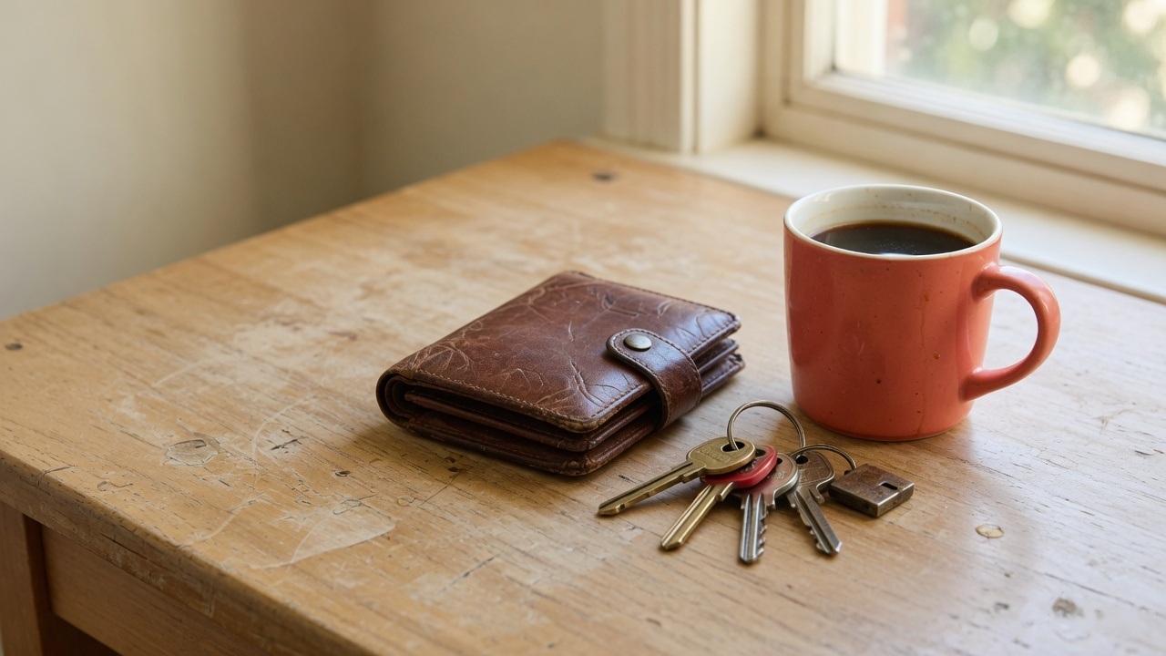 A wallet, a set of keys and a cup of coffee on a wooden table by a window