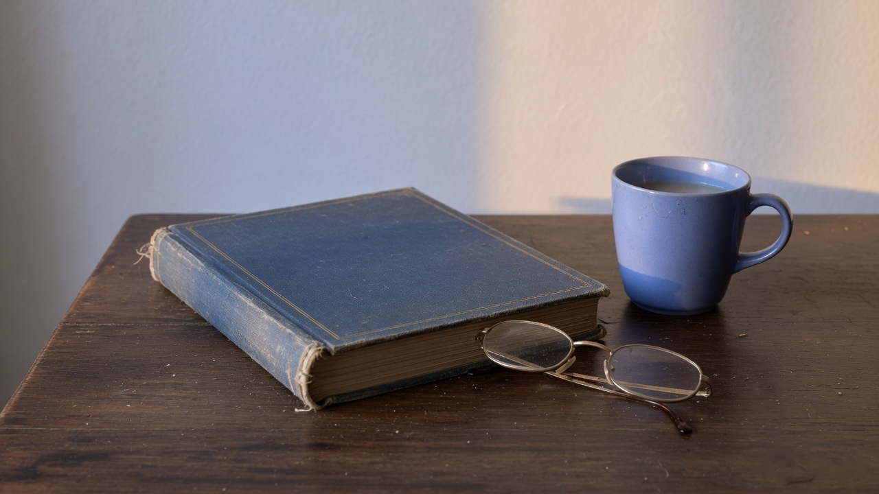 An old hardback book, a pair of reading glasses and a mug on a wooden table