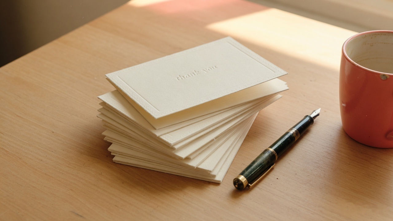 A stack of blank cards, a pen and a mug on a wooden table in daylight