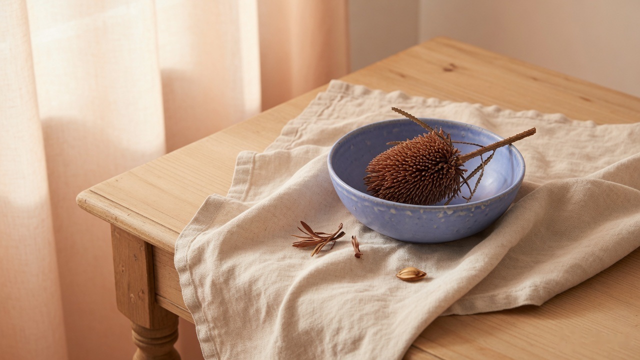 A bowl of dried seed pods on a linen cloth on a wooden table by a window