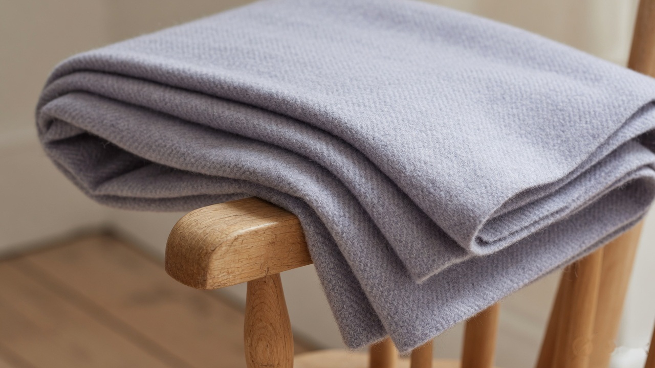 A folded soft blanket on a wooden stool in daylight