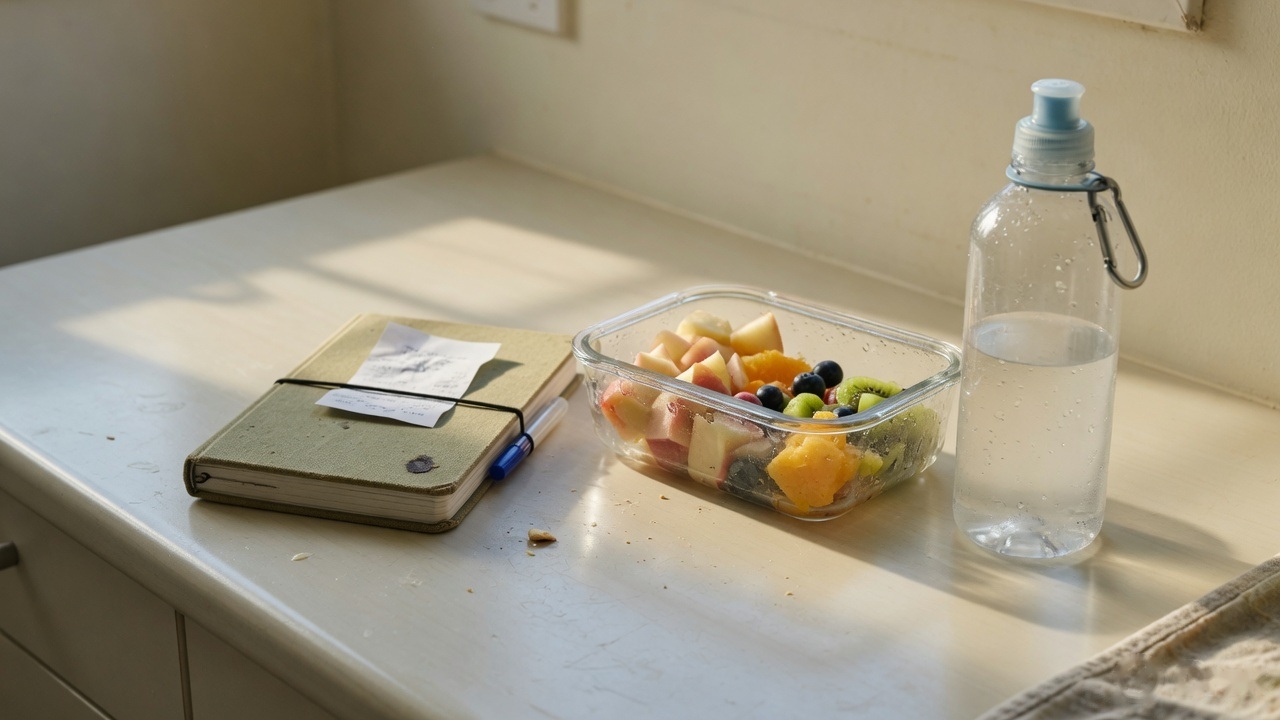 A packed lunch container, a water bottle and a notebook on a kitchen bench in morning light