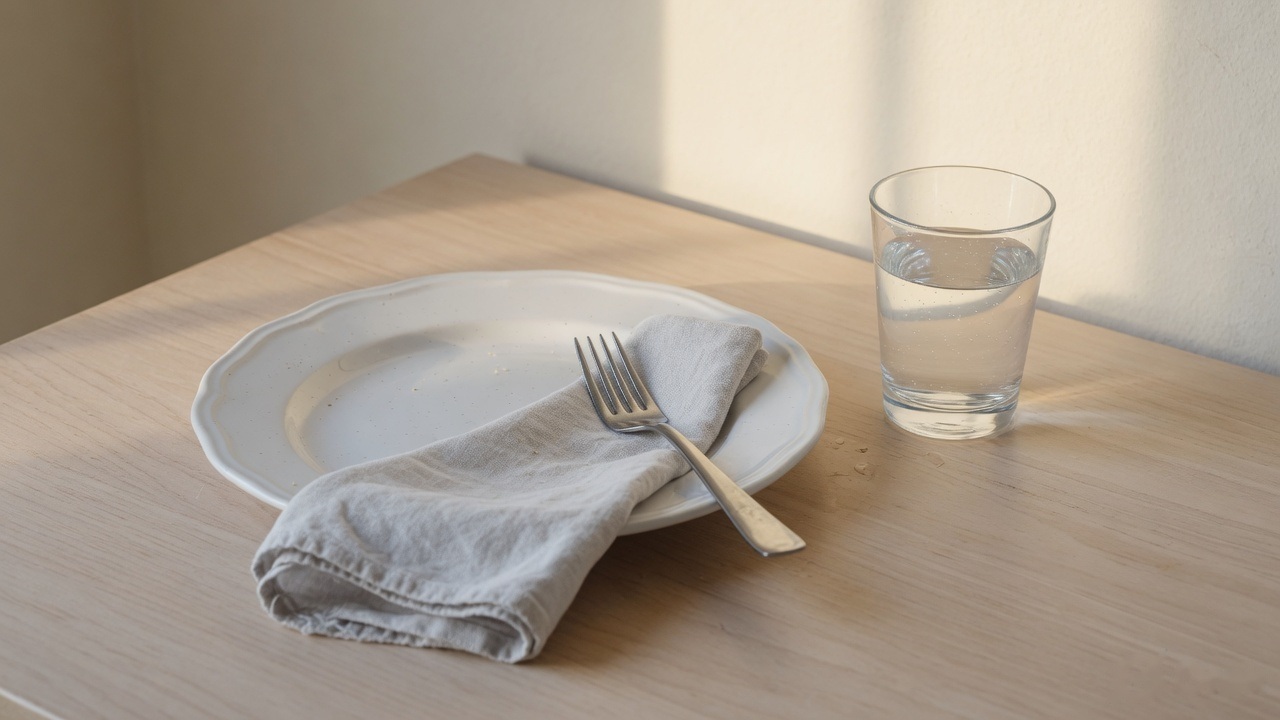 A single place setting on a wooden table, with a folded napkin and a glass of water