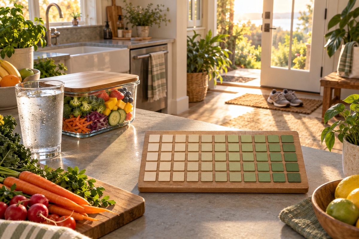 A sunrise routine with fresh produce, water, walking shoes, and a sixty-step progress board
