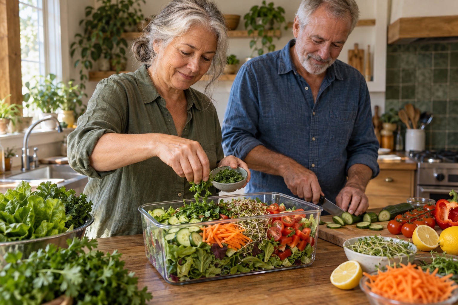 An older couple preparing a large salad box with leafy greens and vegetables in a warm home kitchen